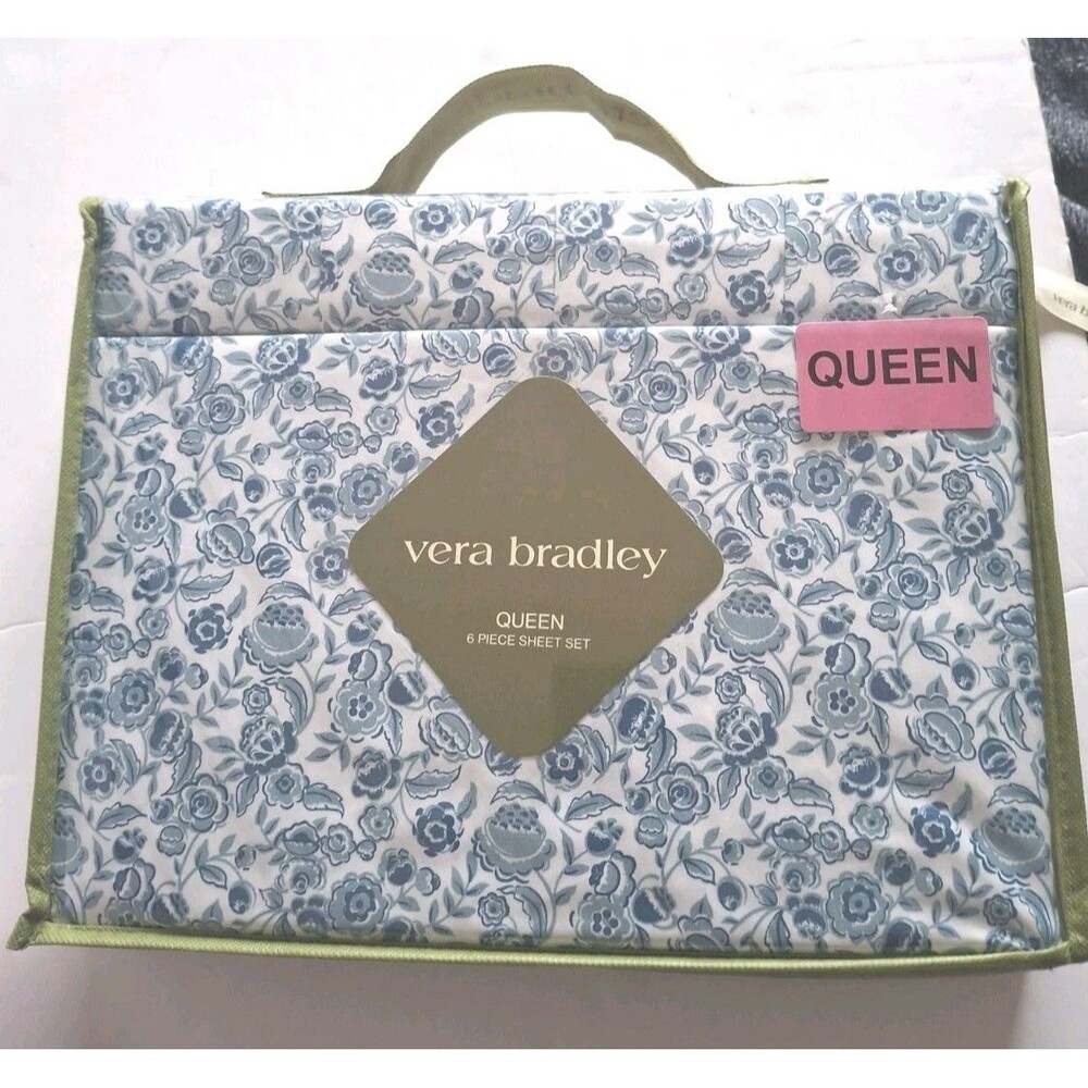 Farmhouse Shabby Chic Blue & White Sheet Set Vera Bradley Queen 6 Piece  New